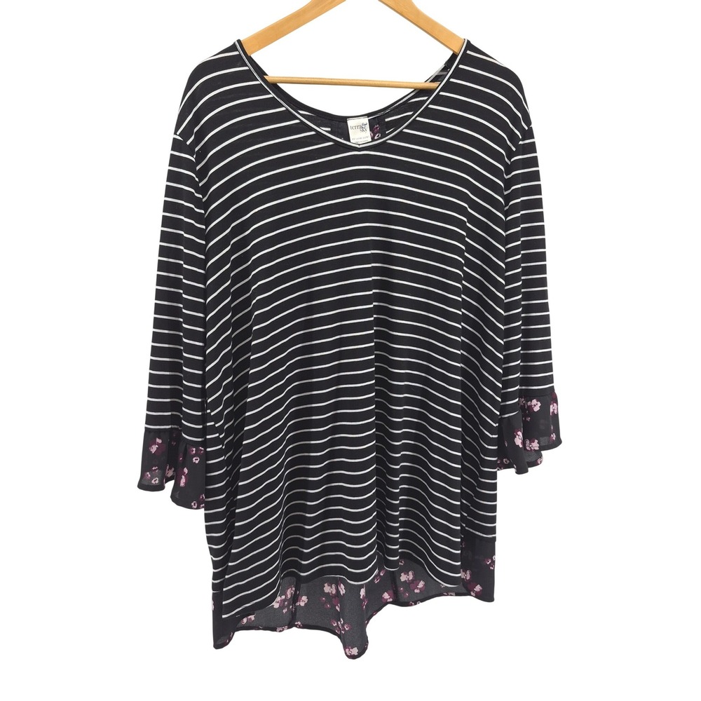 Terra Sky Plus Size Black White Stripe Floral Ruffle Sleeve Top 2X Boho Lace Up‎